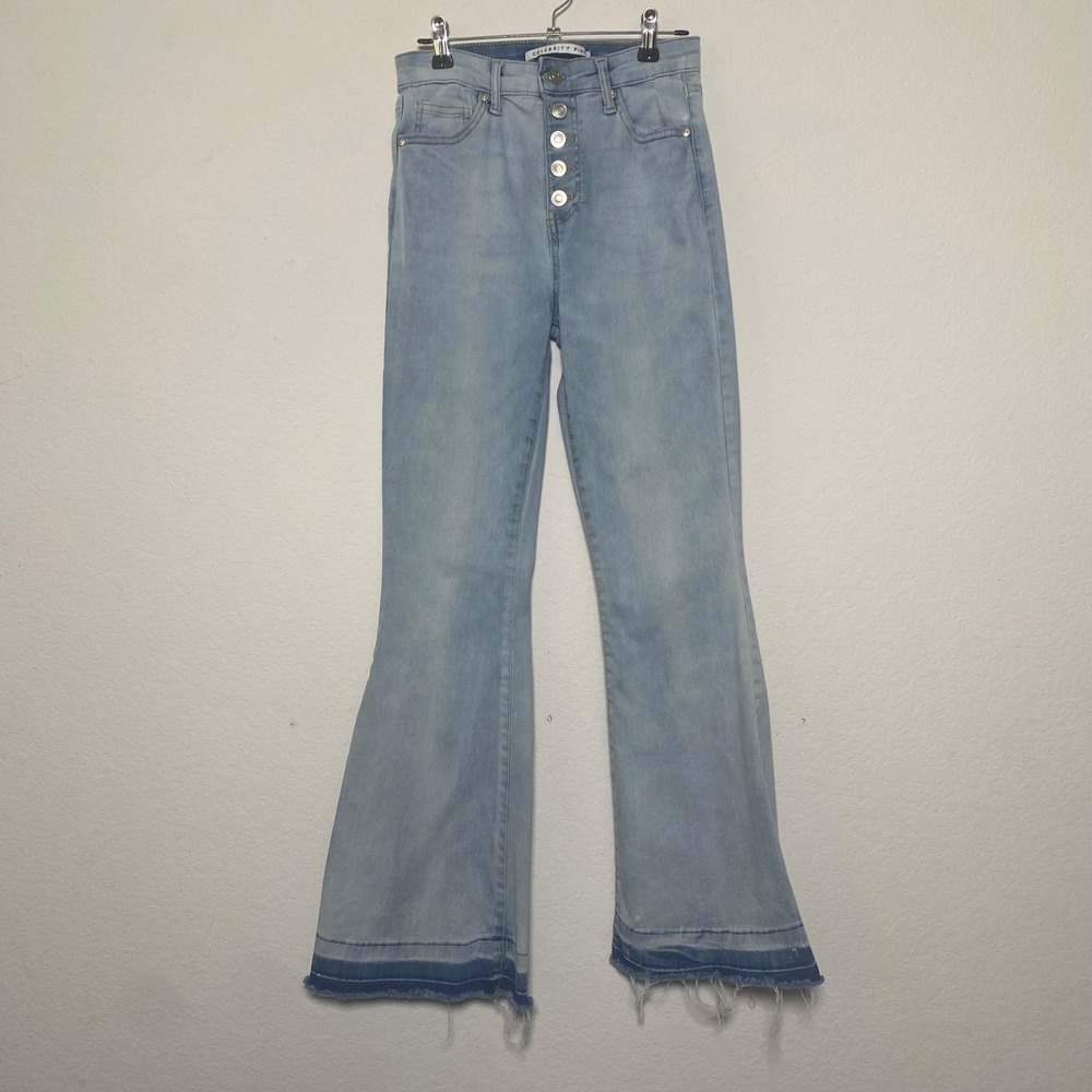 Celerity Pink button Fly Flare Jeans‎ Womens 3/26 Light Wash High Rise Boho Raw
